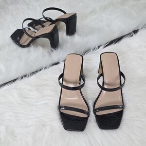 The Drop Avery Black Faux Croc Square Toe Two-Strap High Heel Sandals, Size 5